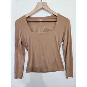 Pumiey‎ Womens Square Neck Long Sleeve Top Tan Brown Sculpting Slim Fit Large